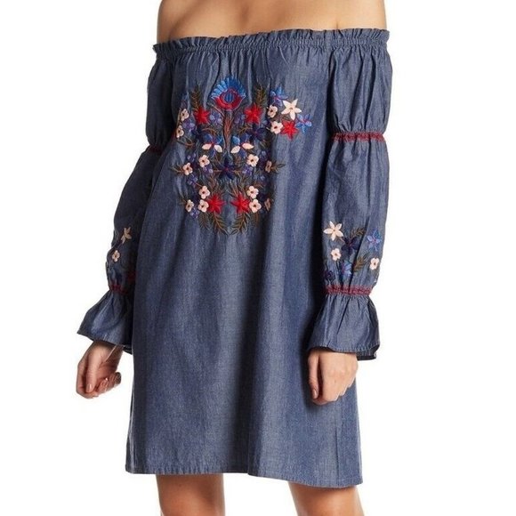 Max Studio 100% Cotton Floral Embroidered Off Shoulder Denim Chambray Dress M - Picture 15 of 15